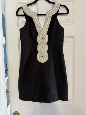 Lilly Pulitzer Black Mini Dress with Gold & Cream Embellished V-Neck